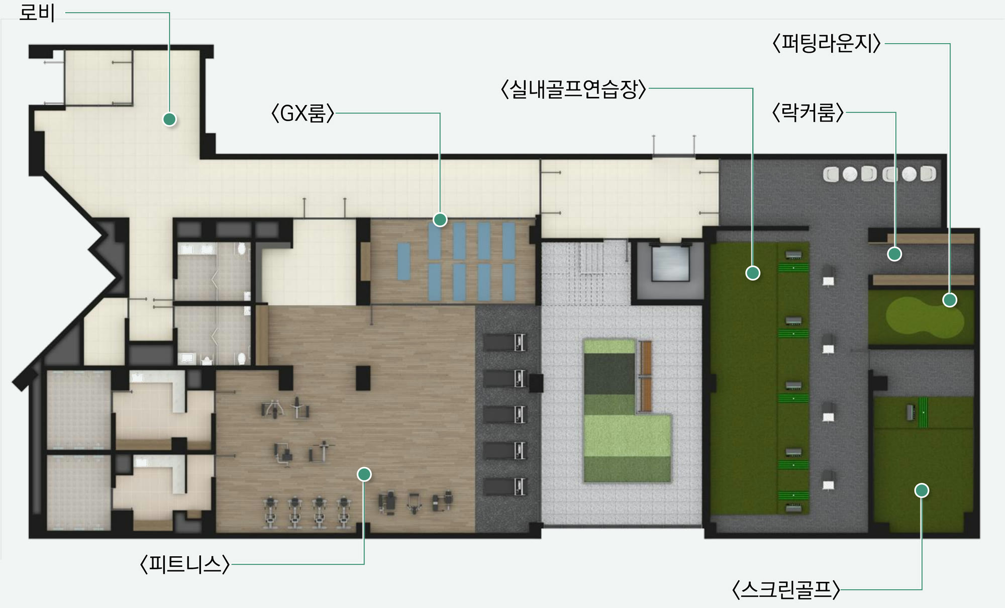 A7BL 커뮤니티 평면 — 로비·GX룸·실내골프연습장·퍼팅라운지·락커룸·피트니스·스크린골프